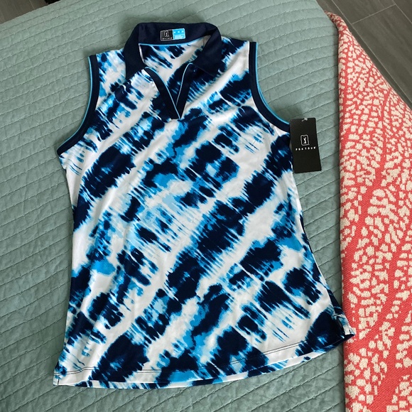 NWT PGA Tour Blue White Sleeveless Polo Golf Shirt Sz M - Picture 3 of 8